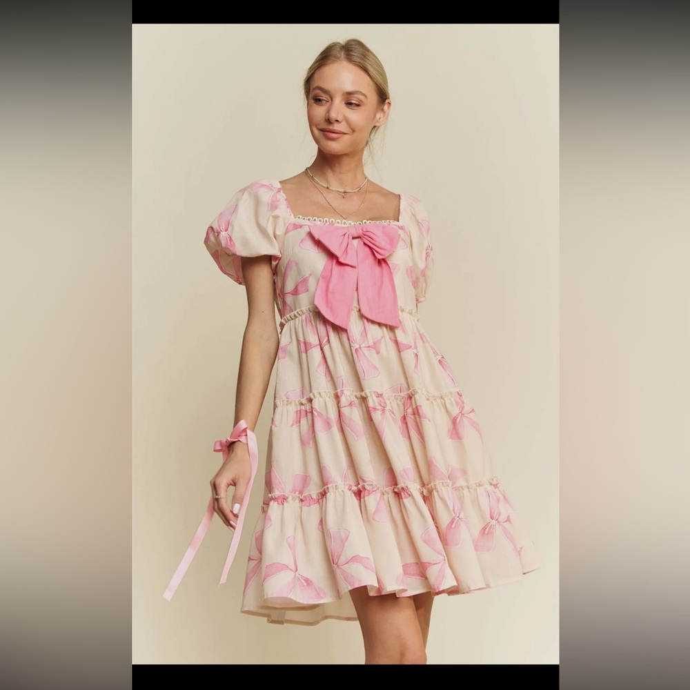 Pink Bow Puff Sleeve Dress